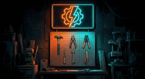Comic-book style workshop pegboard with six hand tools in a three-by-two grid under a lit orange and cyan sign