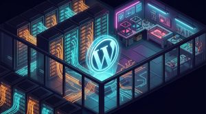 Isometric illustration of a digital maker workshop with server racks and a glowing WordPress logo